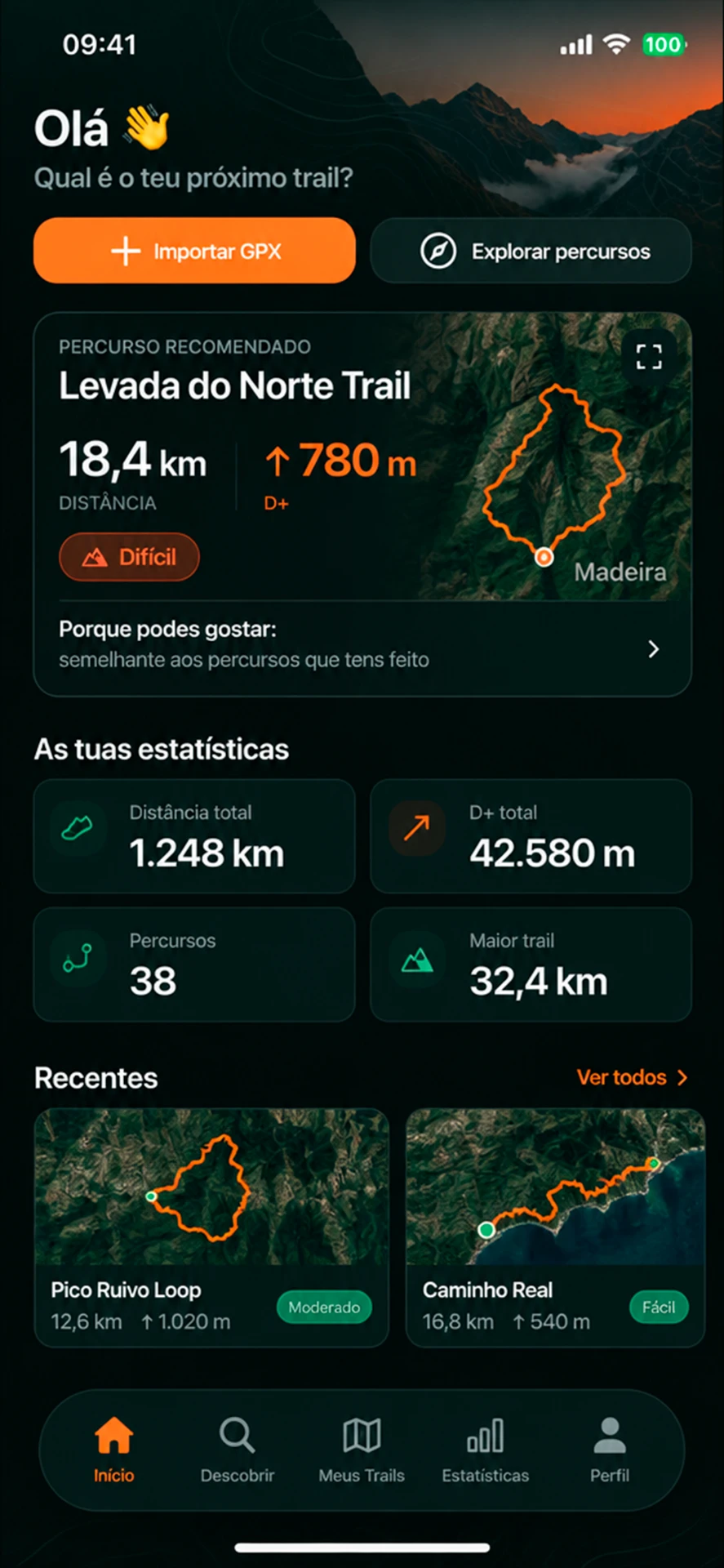 Ecrã da app Trail Madeira: Início & Estatísticas